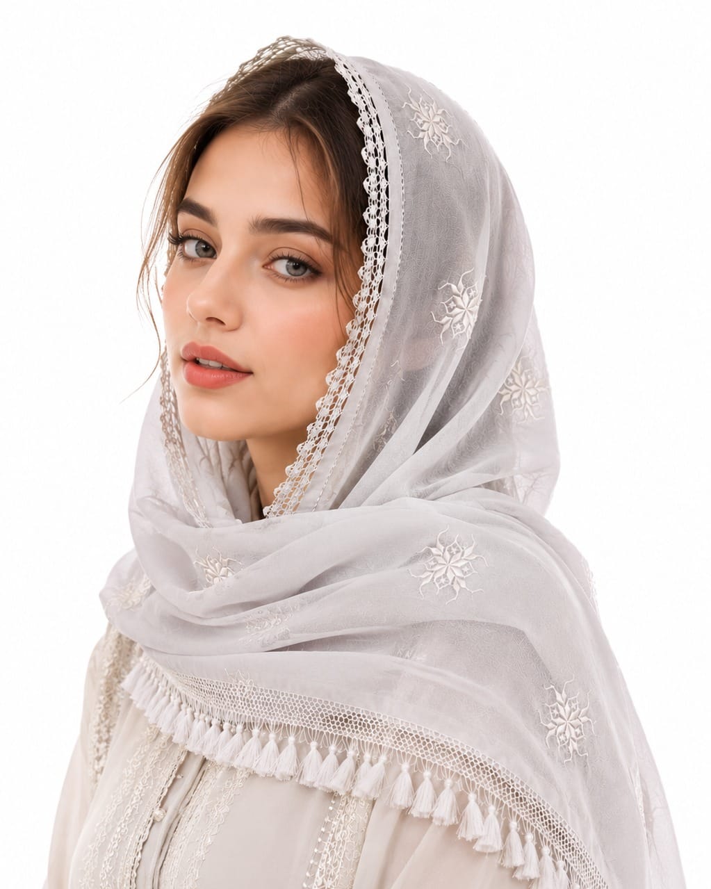 White Herati  Scarf Ivory Blossom Shawl