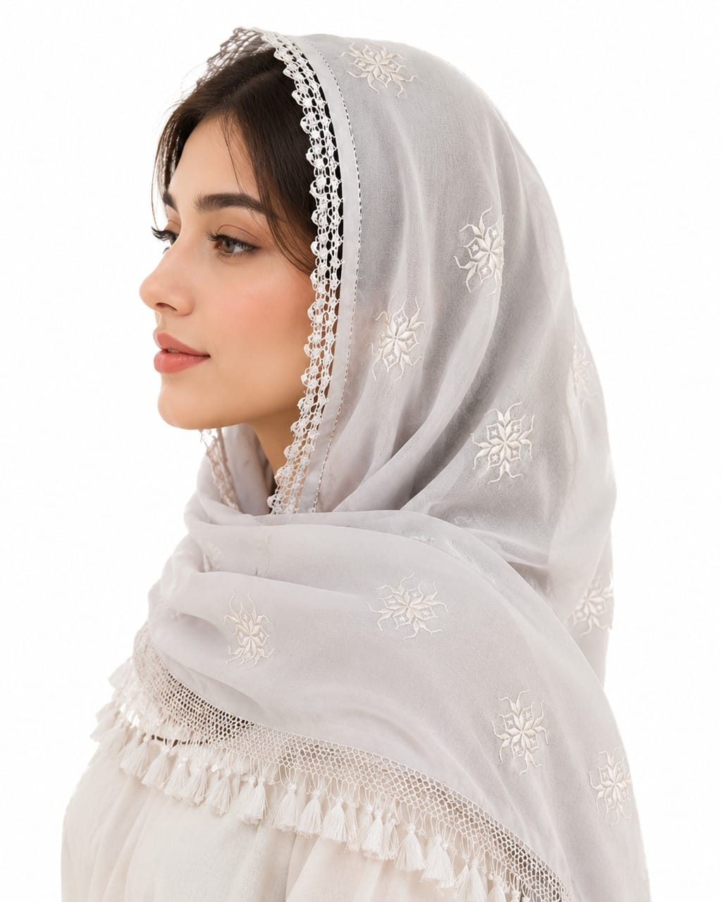 White Herati  Scarf Ivory Blossom Shawl