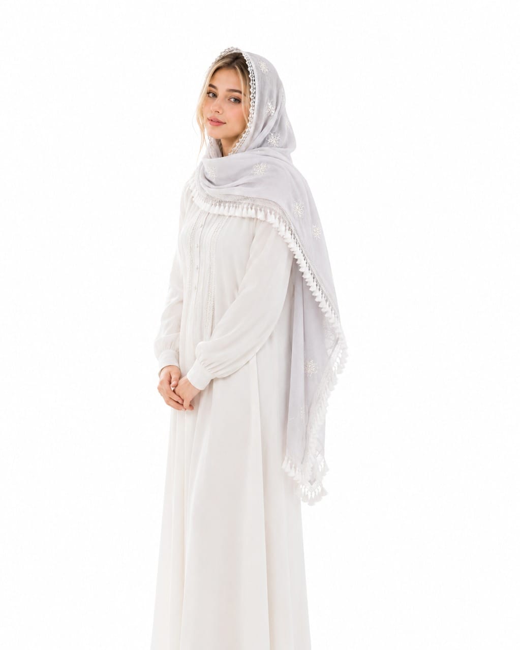 White Herati  Scarf Ivory Blossom Shawl