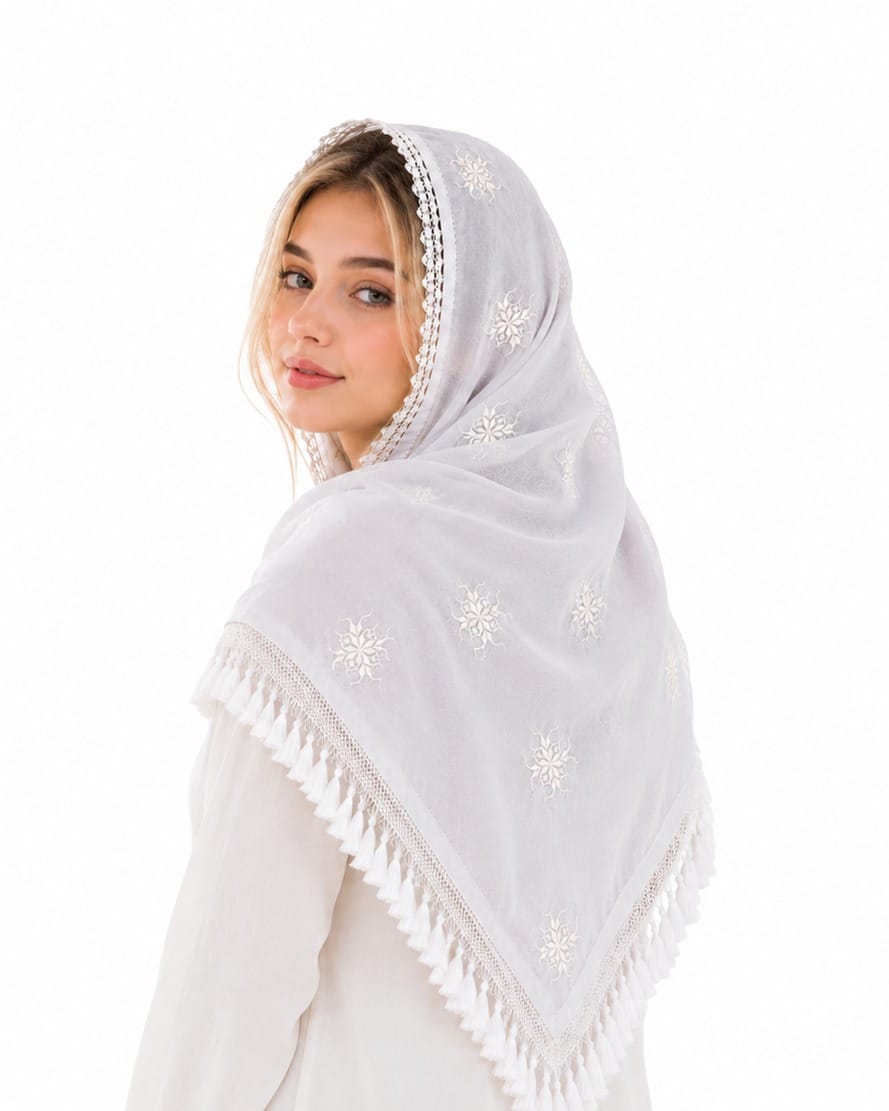 White Herati  Scarf Ivory Blossom Shawl
