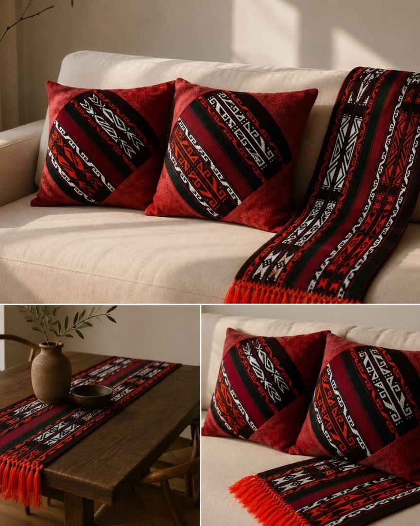 Handwoven Qajari Home Set Pillow Table Runner