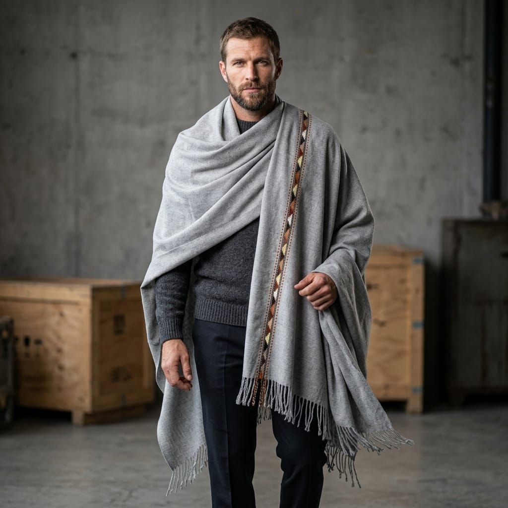 Men's Grey Wool Pato Shawl - Handmade Afghan Classic Patu