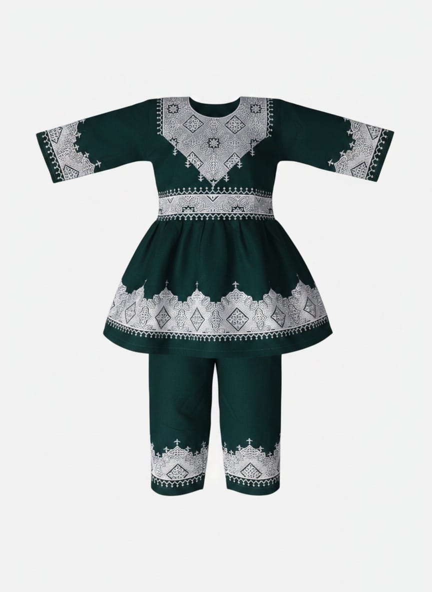 Traditional Afghan Children's Outfit – Green Embroidered Dress and Trousers