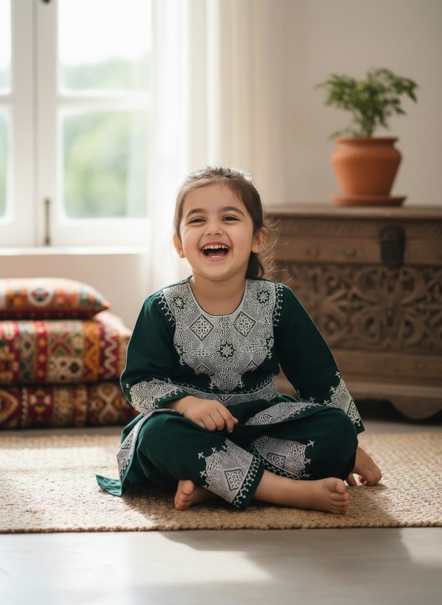 Traditional Afghan Children's Outfit – Green Embroidered Dress and Trousers