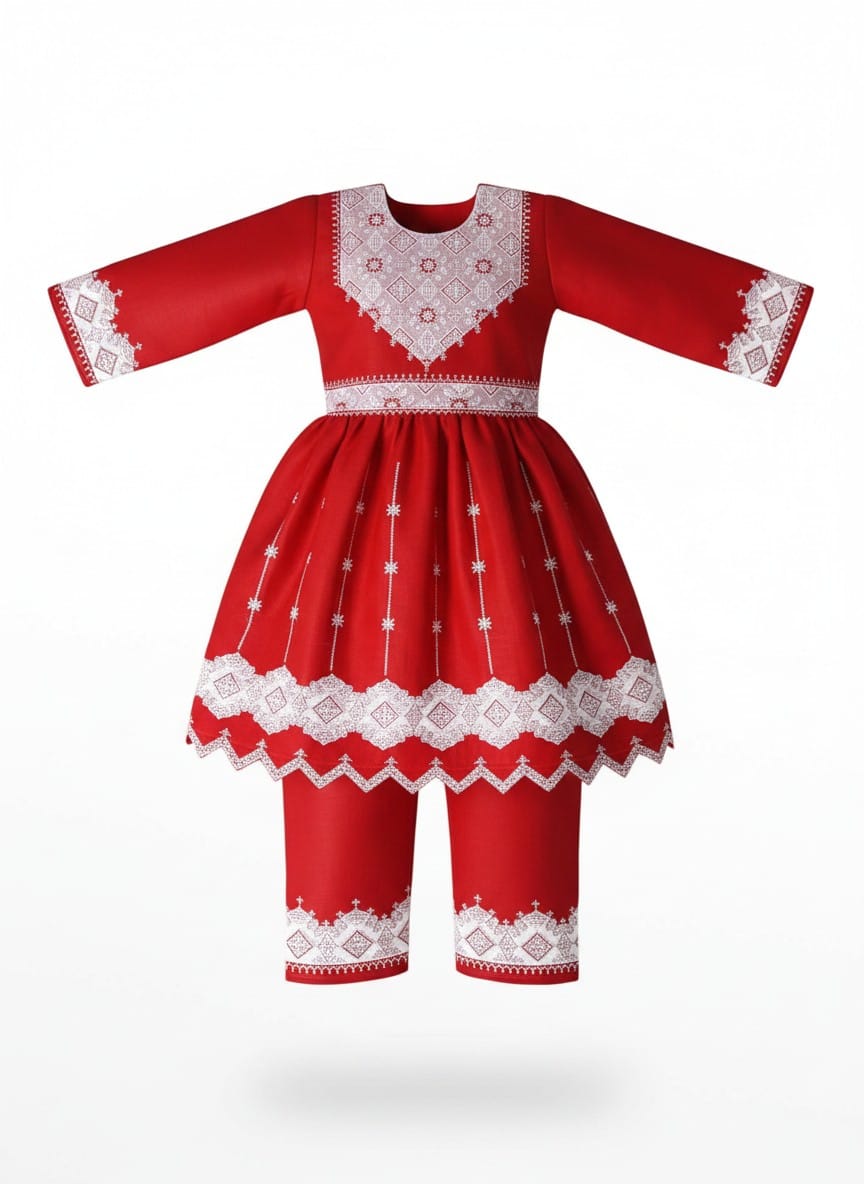 Traditional Afghan Children's Outfit – Red  Embroidered Dress and Trousers