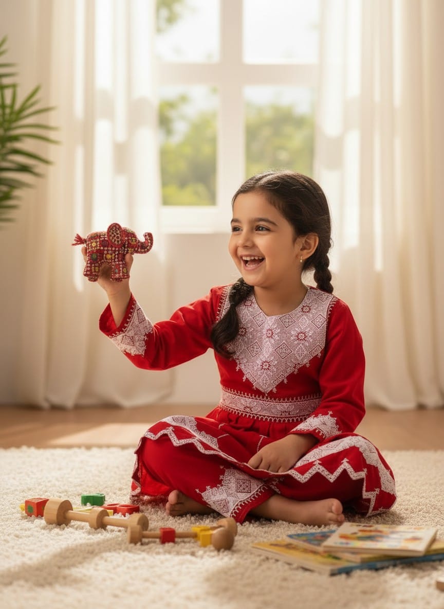 Traditional Afghan Children's Outfit – Red  Embroidered Dress and Trousers