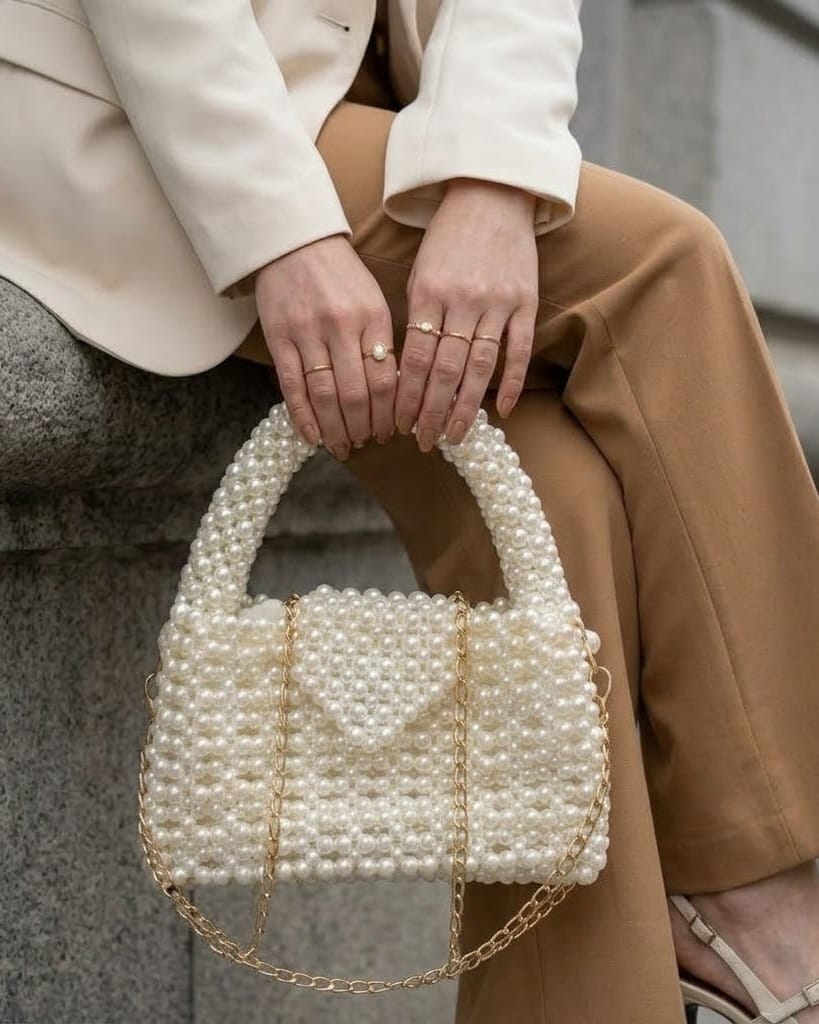 Pearl Beaded Bag with Gold Chain