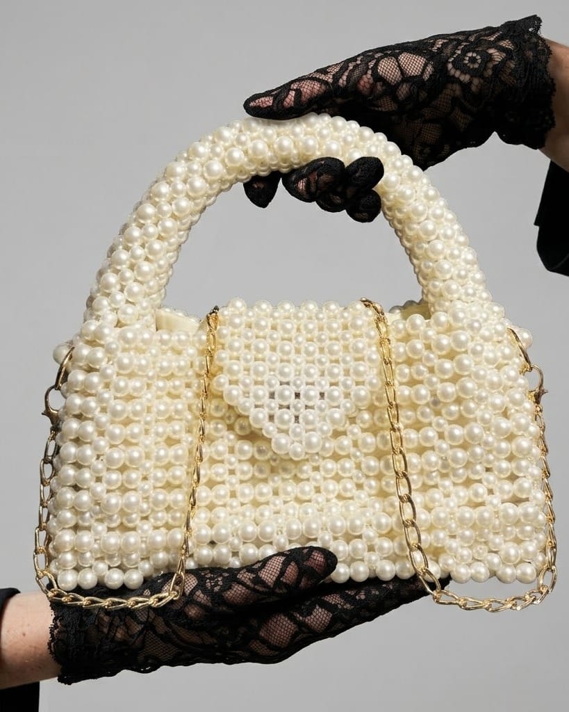 Pearl Beaded Bag with Gold Chain