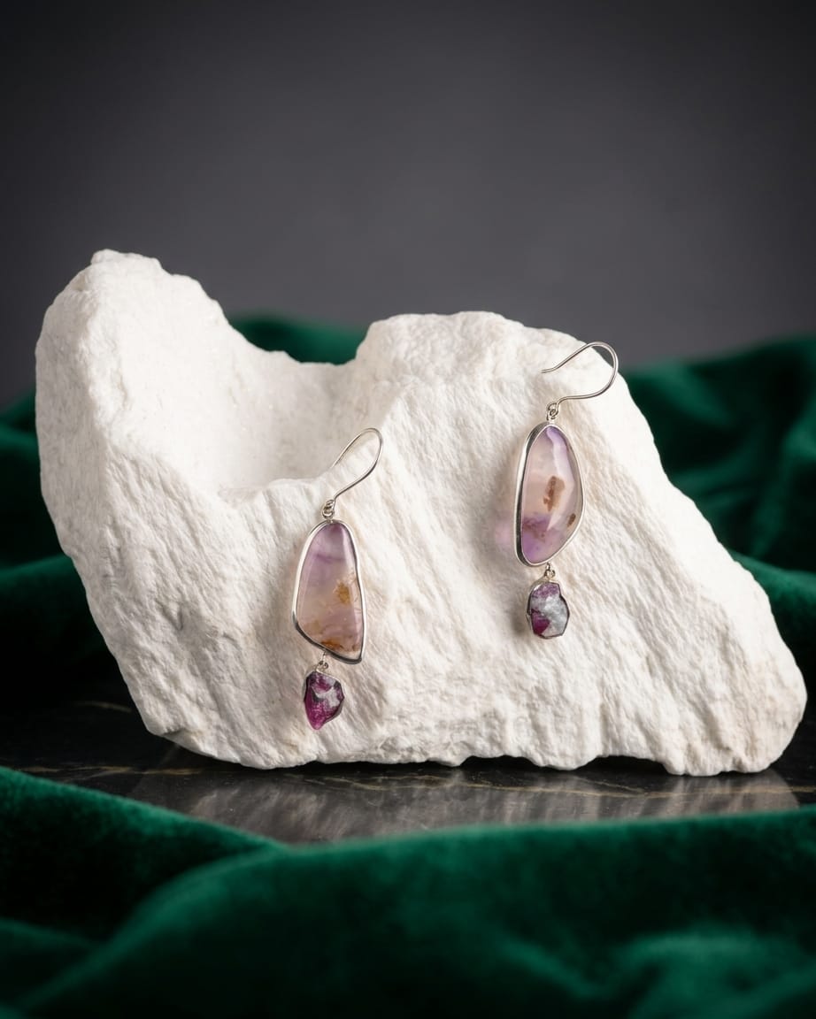 Amethyst & Jagdalak Ruby Silver Earrings