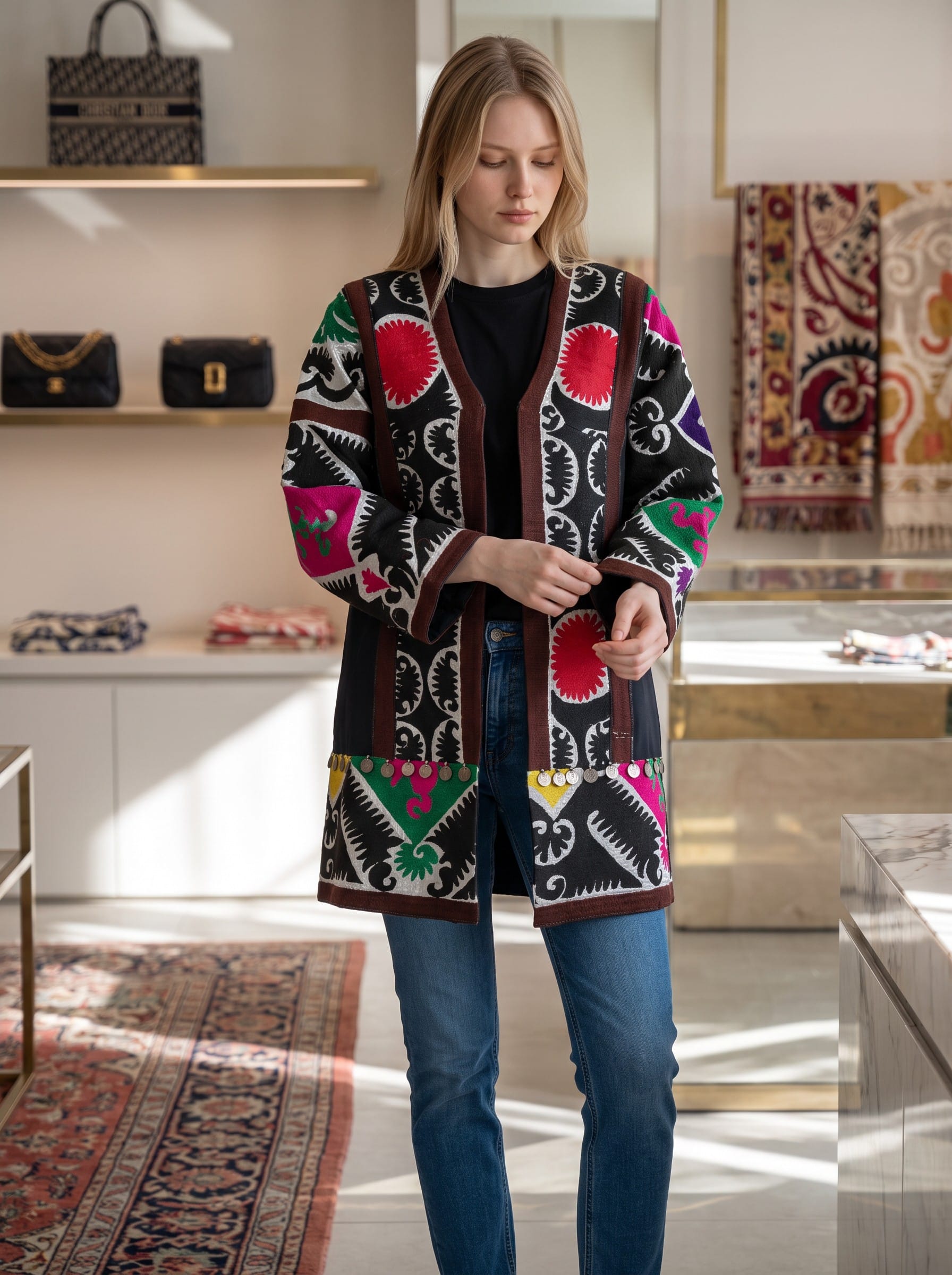 Women's Short Afghan Chapan | Black Hand-Stitched Coat