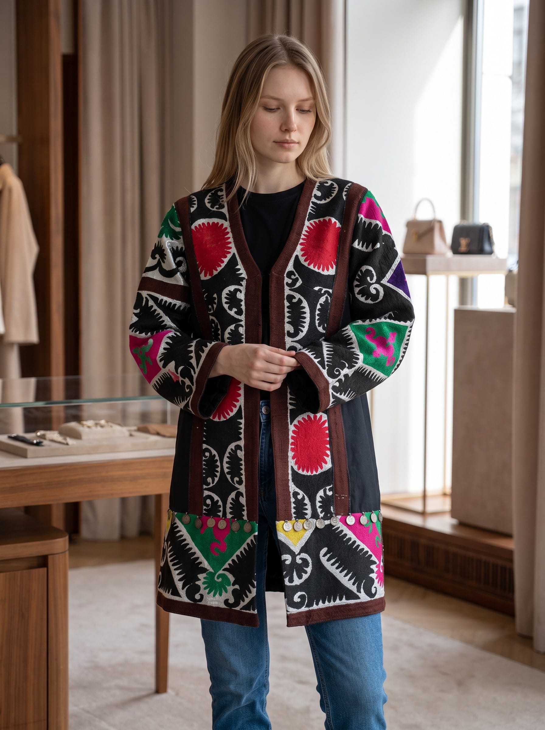 Women's Short Afghan Chapan | Black Hand-Stitched Coat